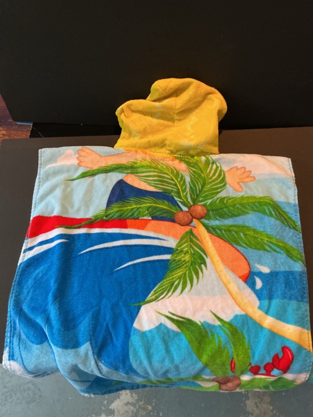 Children's Hooded Beach Towel Poncho with Tropical Palm Print - Yellow Hood Meas